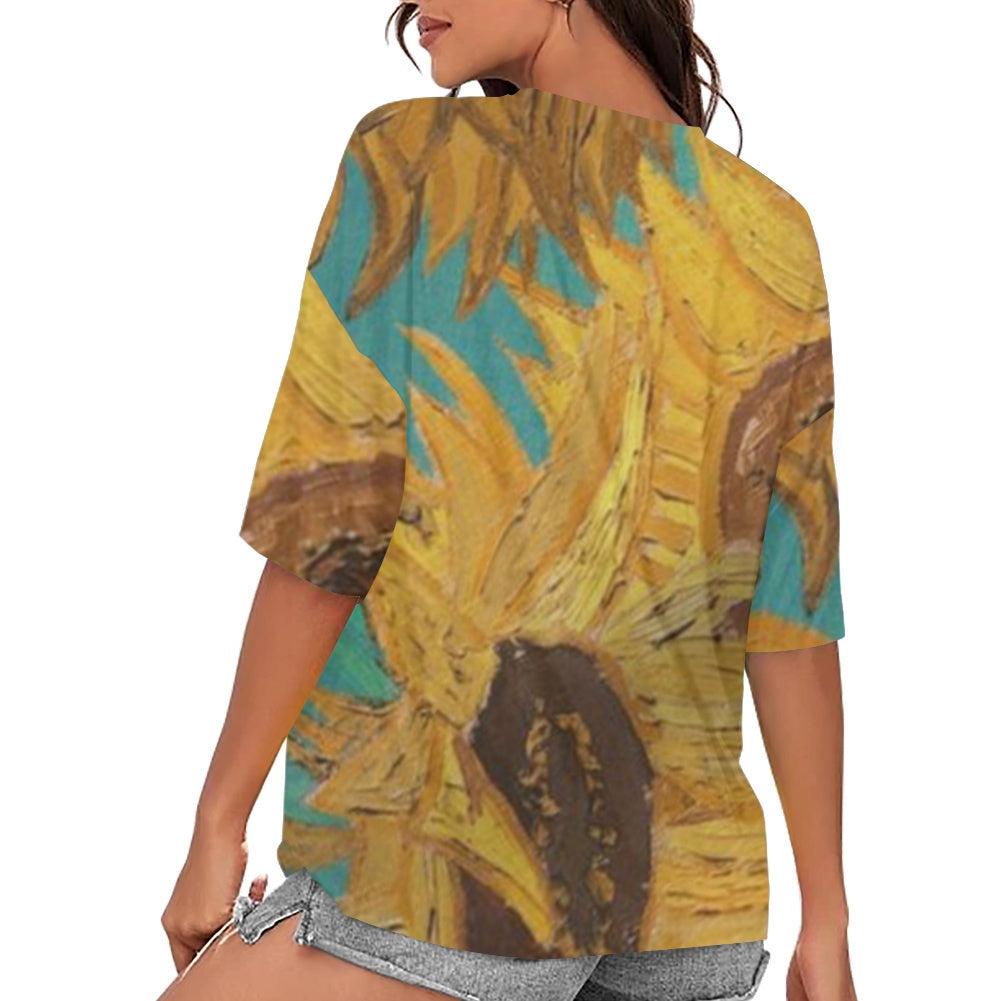 The Idem Sun W All-Over Print WomenShort sleeve hollow-out loose fit top's Hollow Chest Keyhole V-Neck