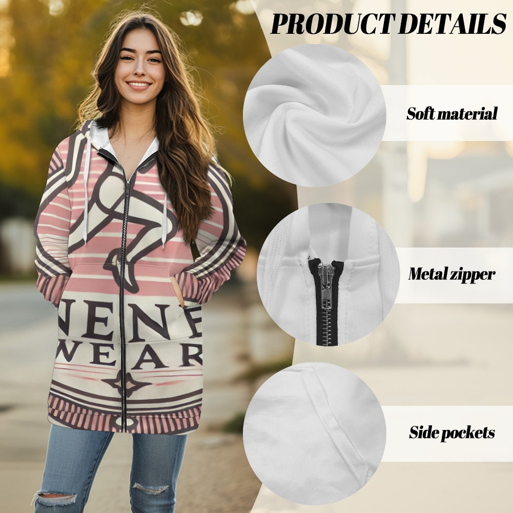 Women's mid-length hooded sweatshirt cardigan
