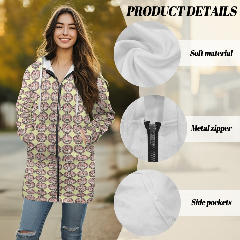 Women's mid-length hooded sweatshirt cardigan