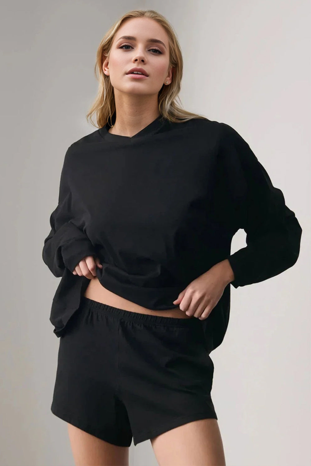 Basic Bae Long Sleeve Top and Pocketed Shorts Set