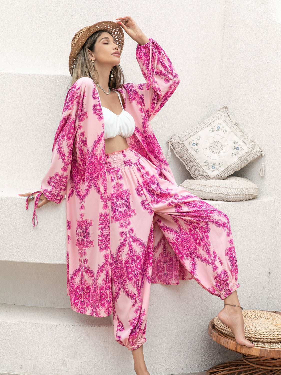 Printed Open Front Top and Pants Set