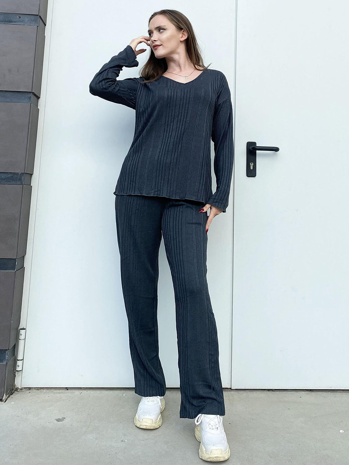 V-Neck Long Sleeve Top and Pants Set