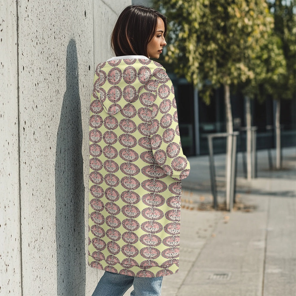 Women's mid-length hooded sweatshirt cardigan