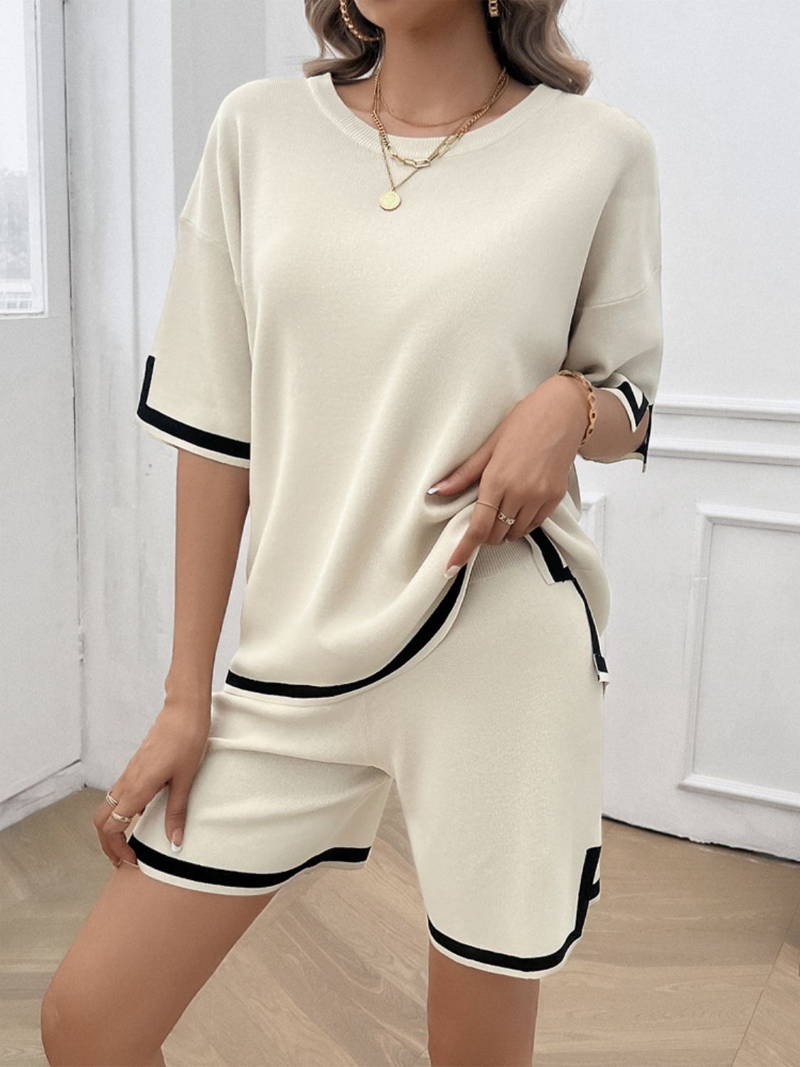 Devine Contrast Trim Round Neck Top and Shorts Set