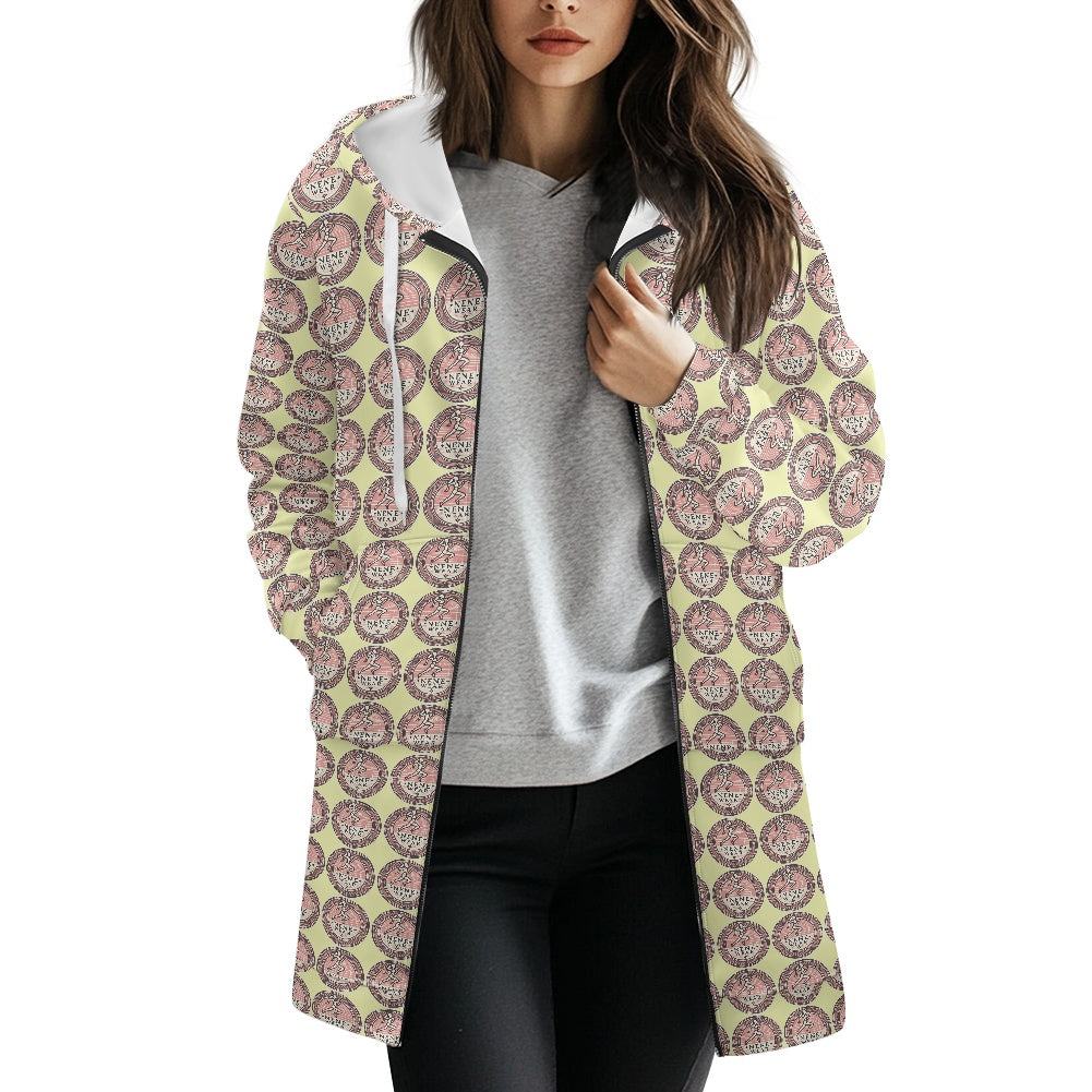 Women's mid-length hooded sweatshirt cardigan
