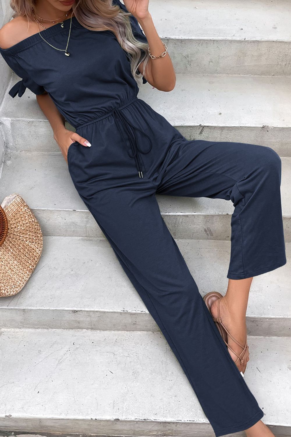 Perfee Off-Shoulder Tie Cuff Jumpsuit with Pockets