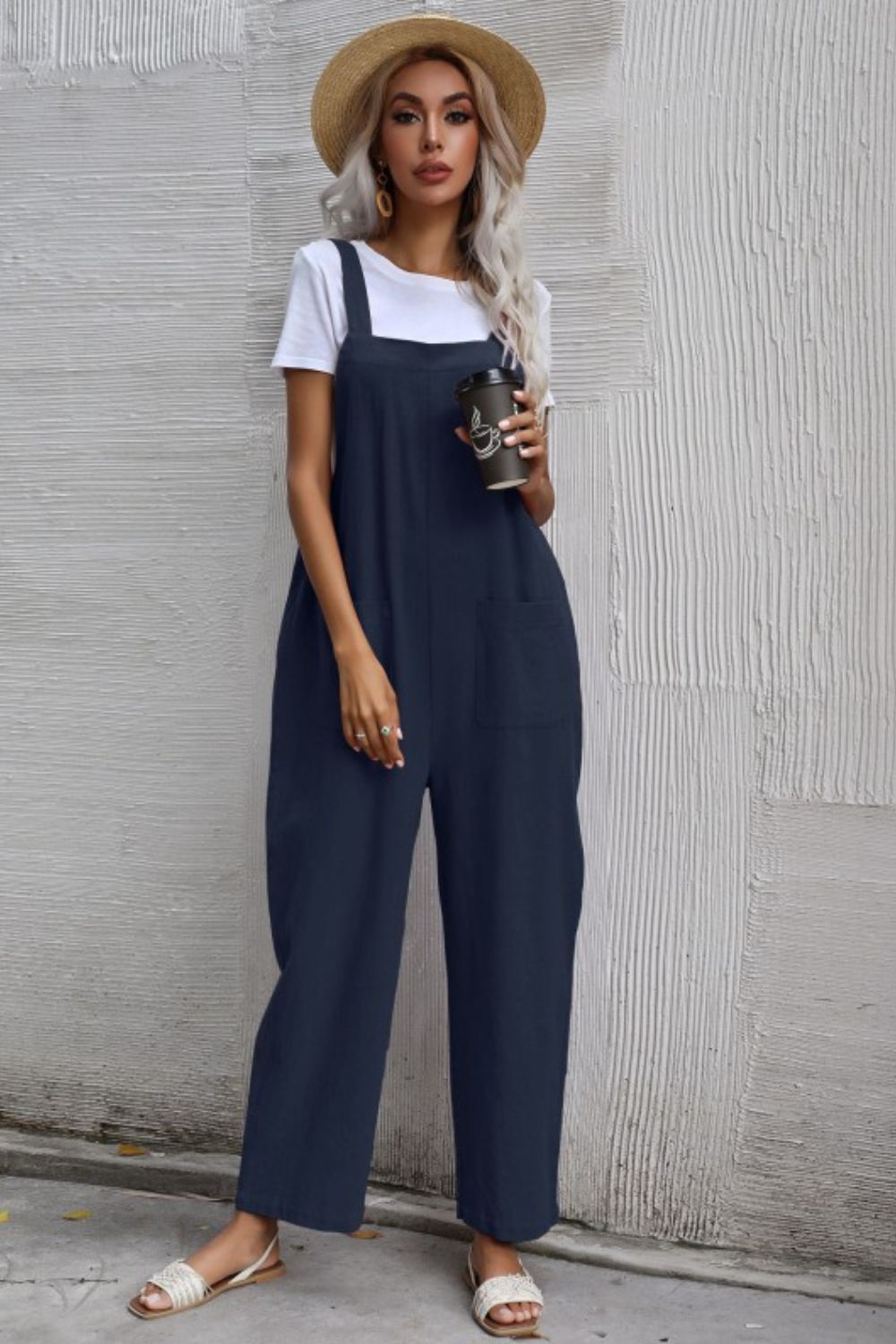 Perfee Wide Leg Overalls with Front Pockets