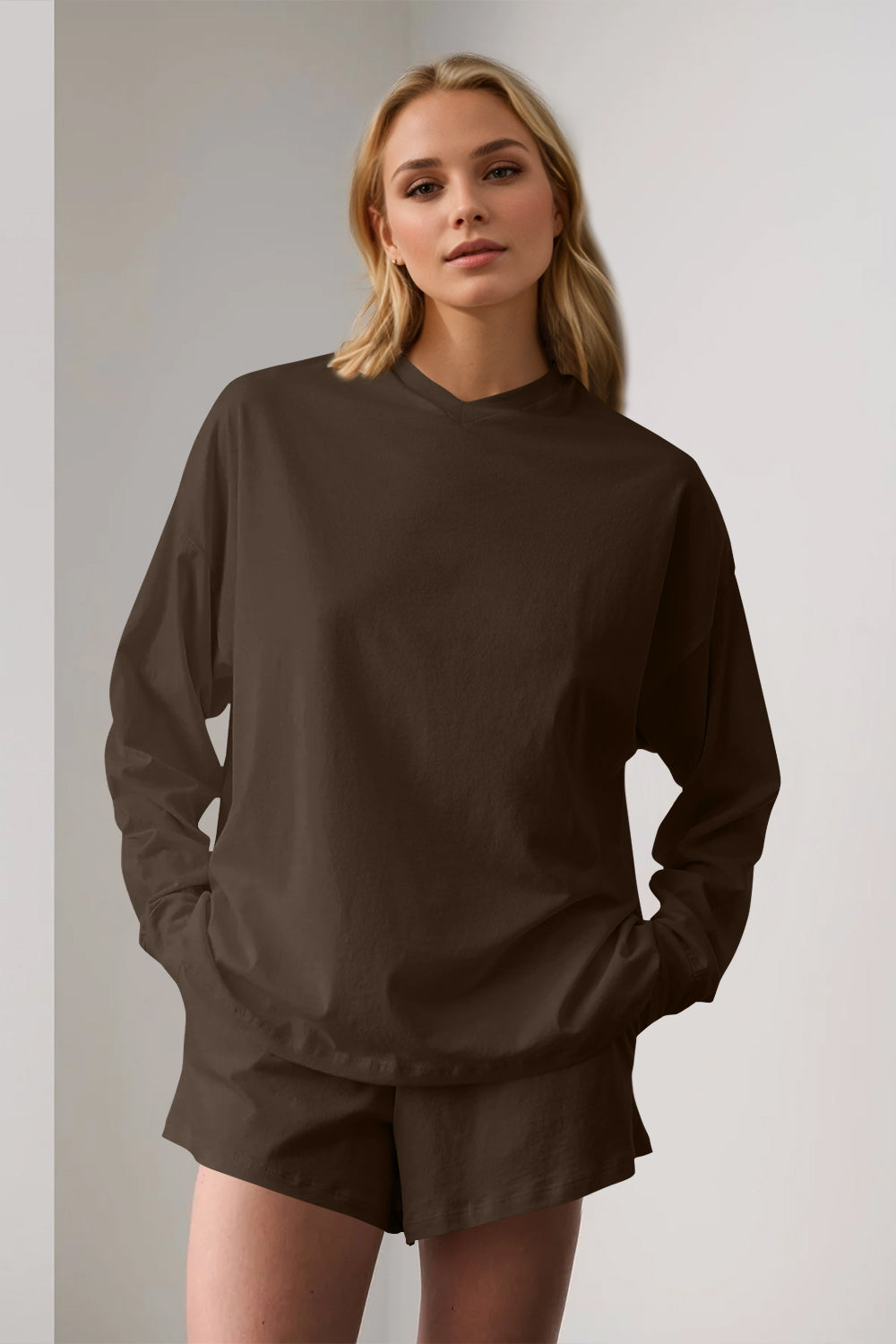 Basic Bae Long Sleeve Top and Pocketed Shorts Set