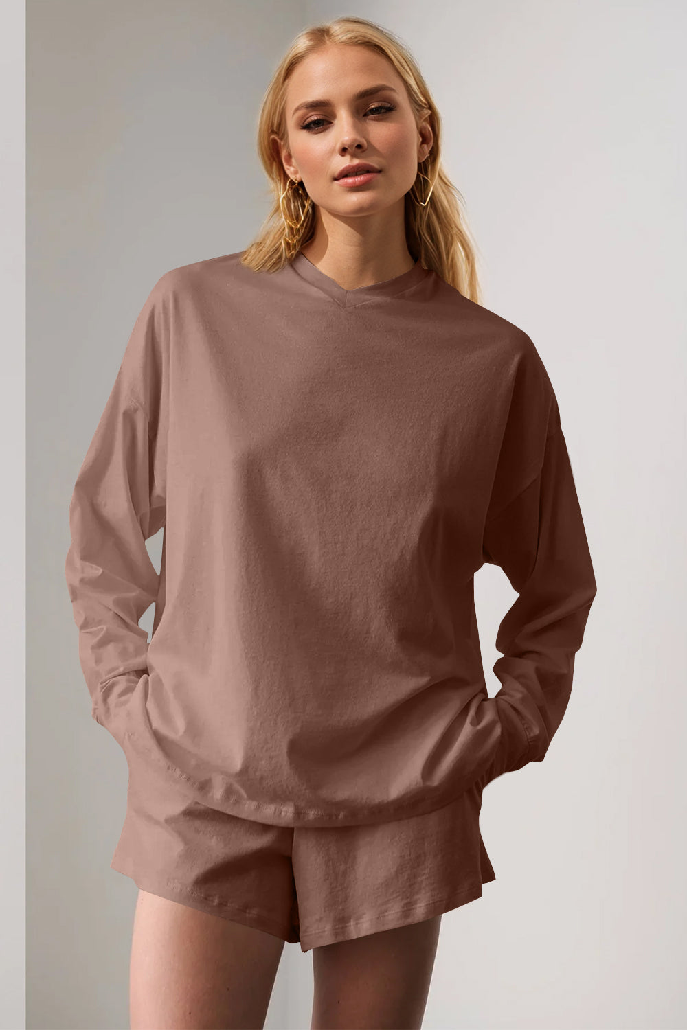 Basic Bae Long Sleeve Top and Pocketed Shorts Set