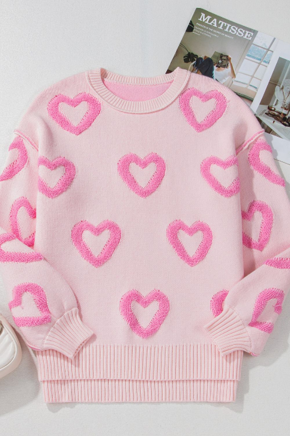 High-Low Heart Round Neck Long Sleeve Sweater