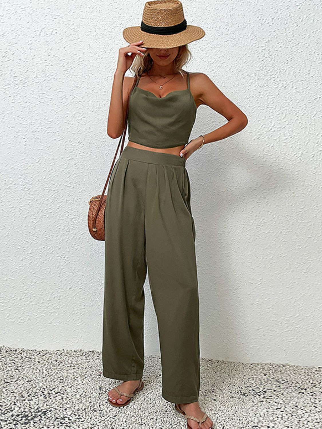 Perfee Crisscross Back Cropped Top and Pants Set