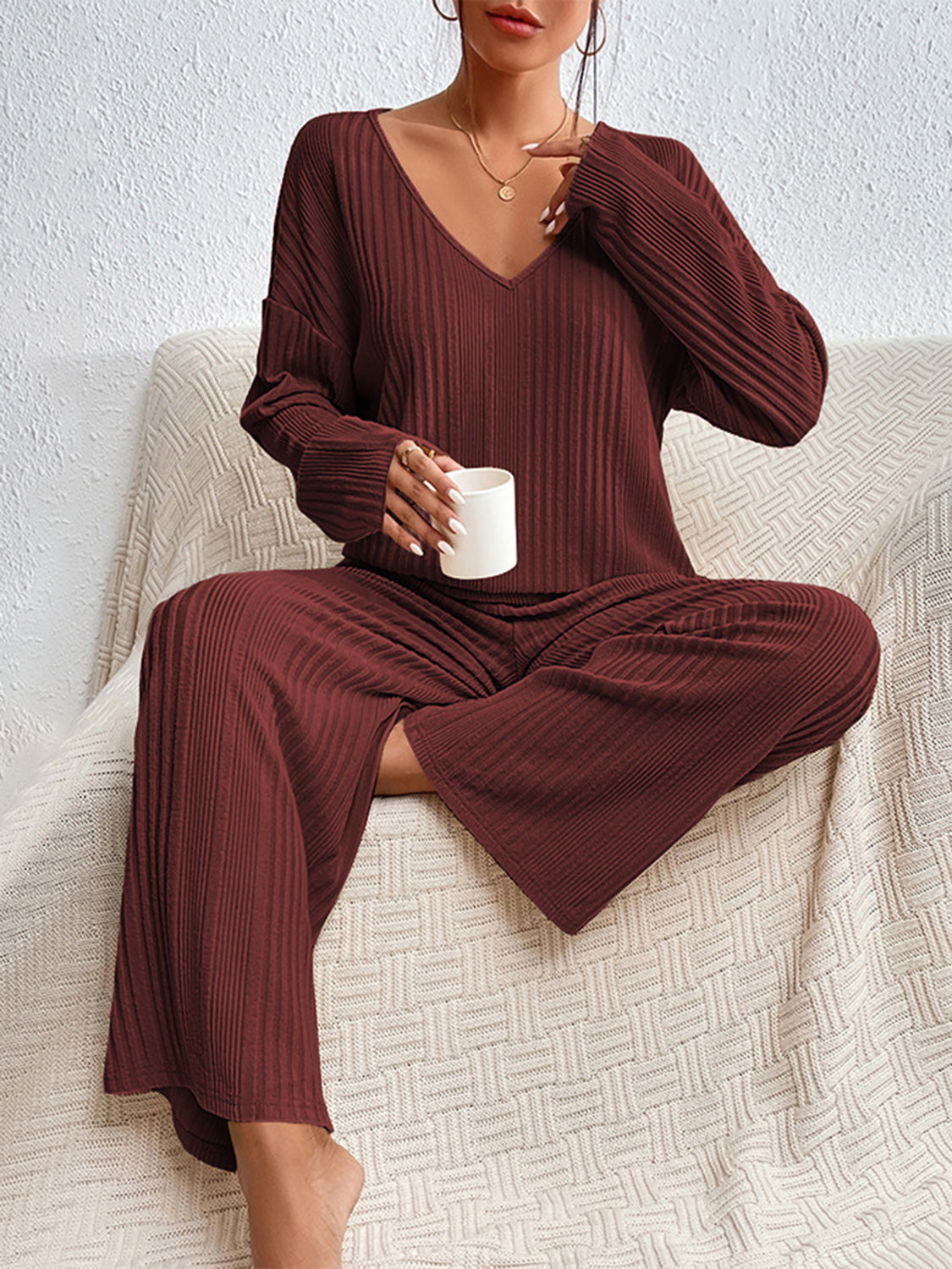 V-Neck Long Sleeve Top and Pants Set