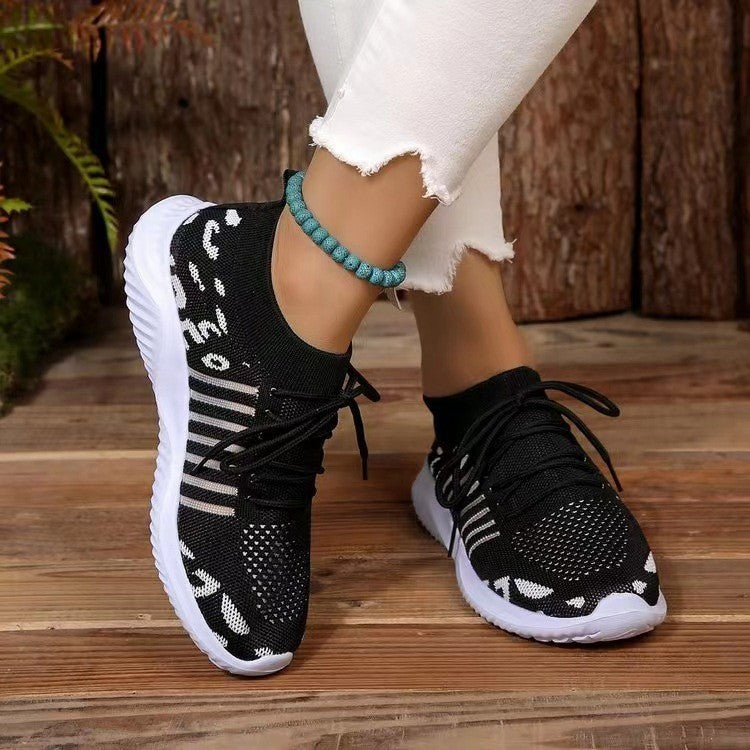 Breathable Leopard Mesh Lace Up Sneakers