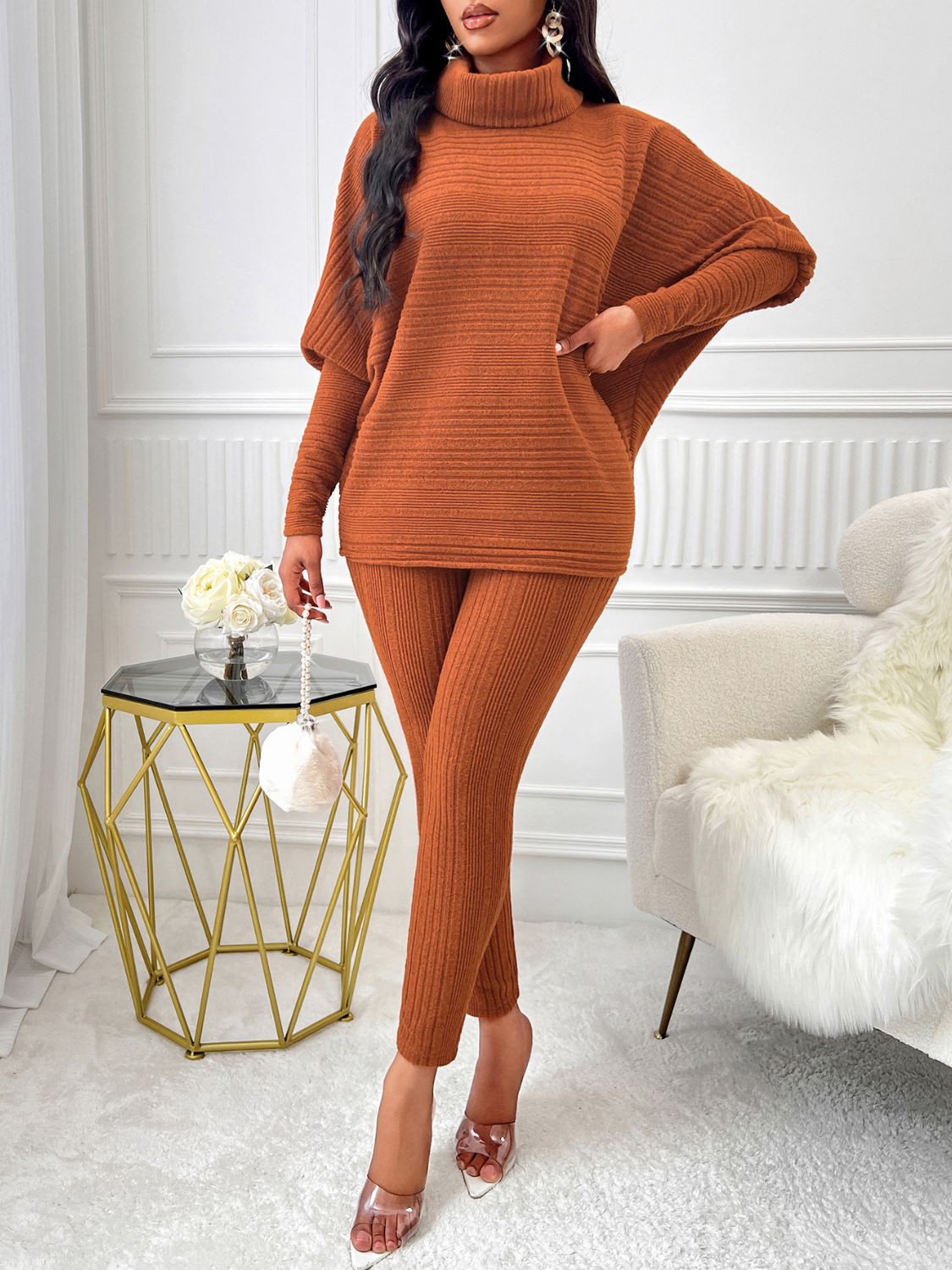 Turtleneck Batwing Sleeve Top and Pants Set