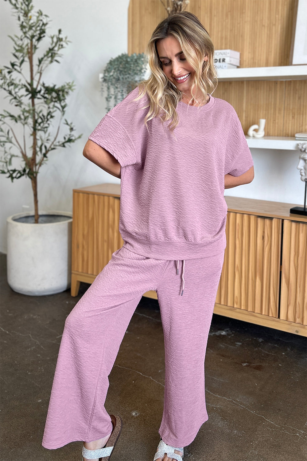 Double Take Full Size Texture Short Sleeve Top and Pants Set