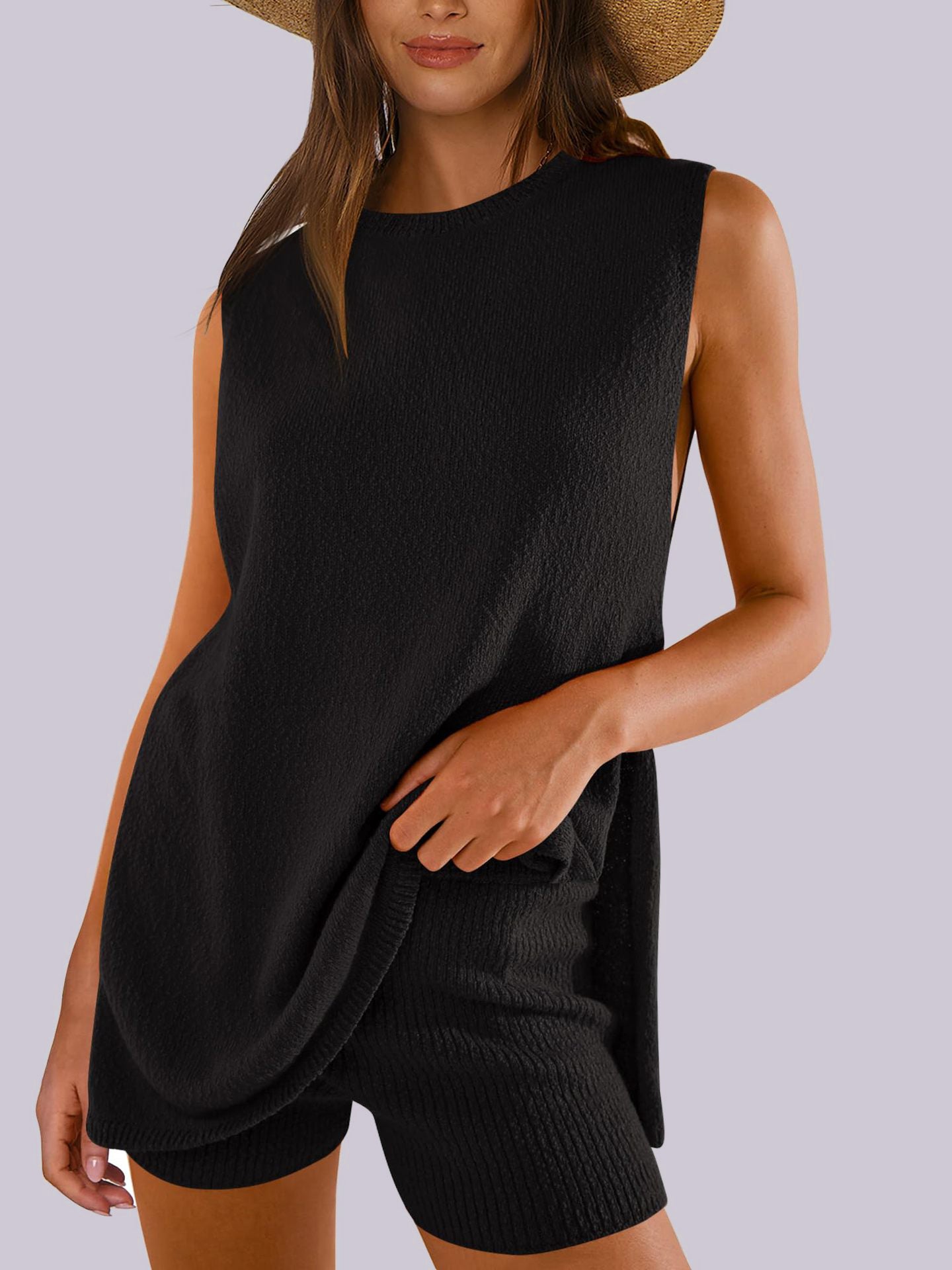 Mandy Side Slit Round Neck Tank and Shorts Sweater Set