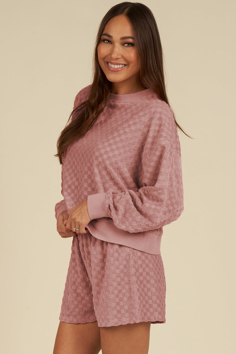 Round Neck Long Sleeve Checkered Top and Shorts Set