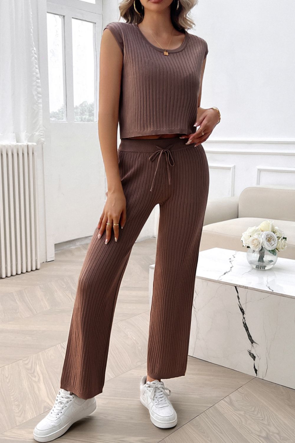 Devine Ribbed Round Neck Top and Pants Set