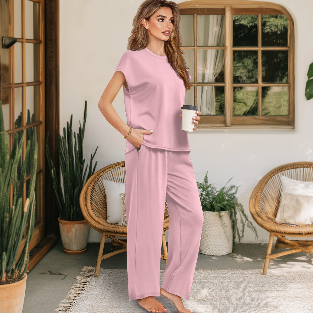 Short-sleeved casual wide-leg pants suit
