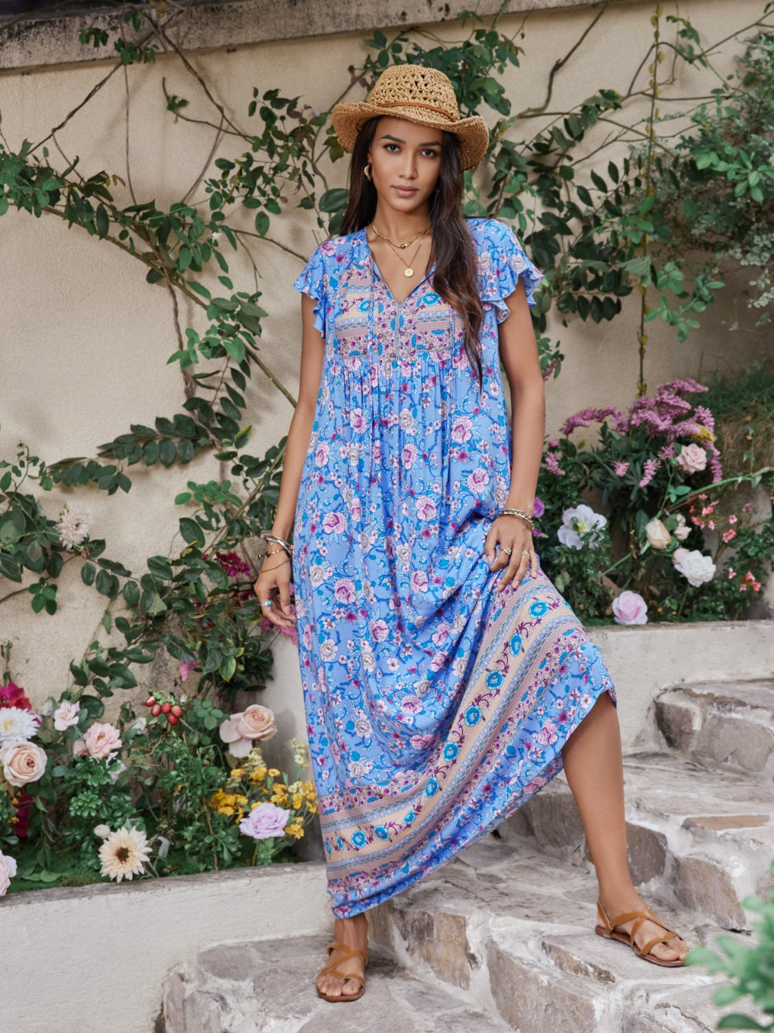 Ruffled Printed Tie Neck Cap Sleeve Dress