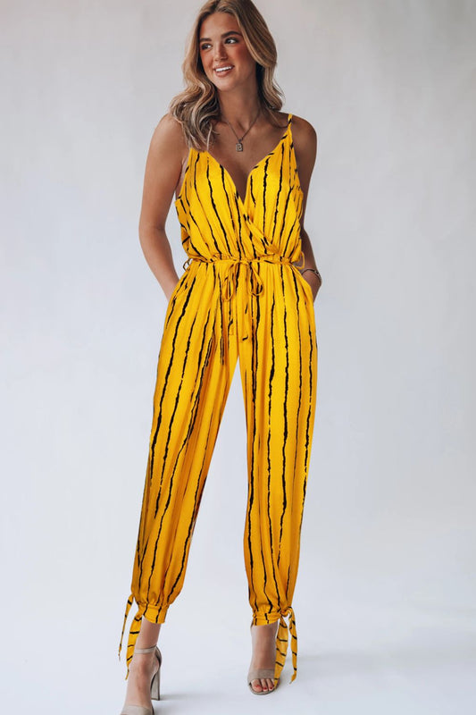 Striped Contrast Tie Ankle Spaghetti Strap Jumpsuit