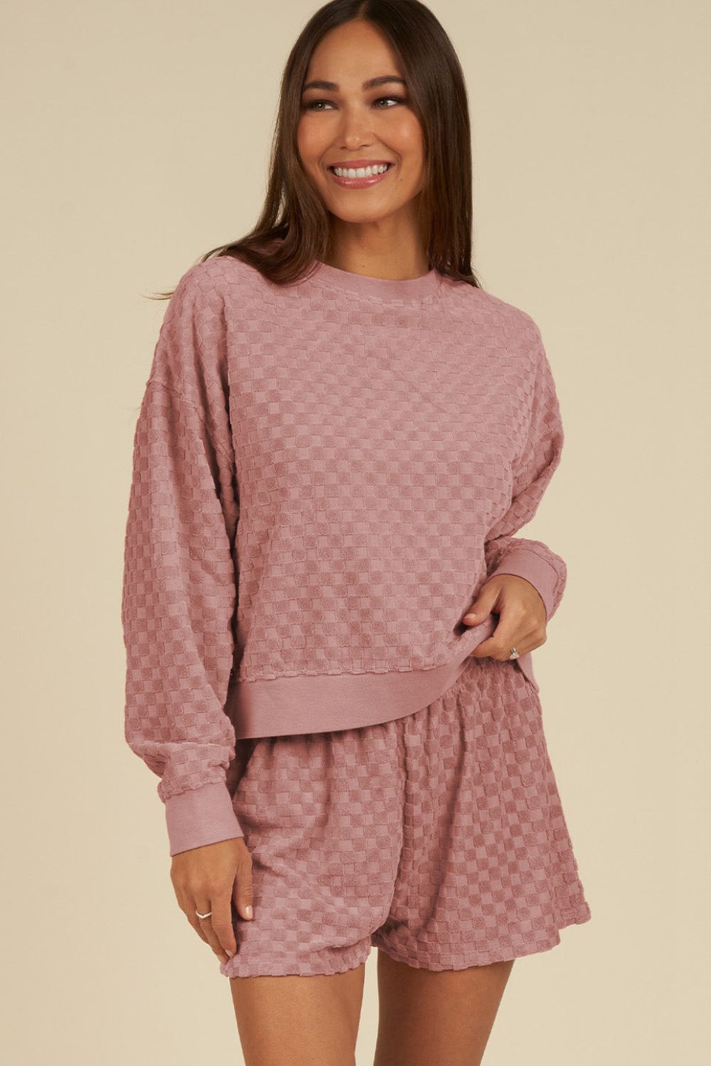 Round Neck Long Sleeve Checkered Top and Shorts Set