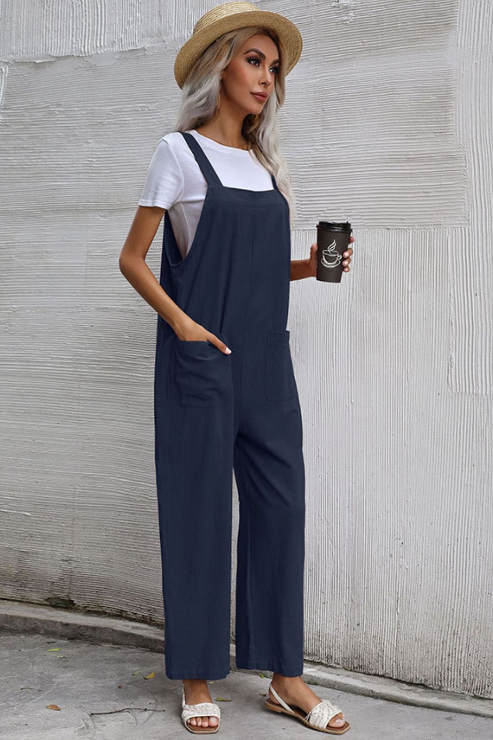 Perfee Wide Leg Overalls with Front Pockets