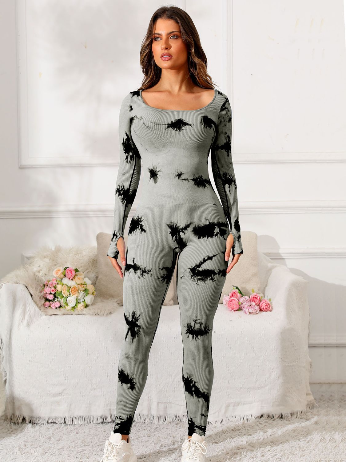 Scoop Neck Long Sleeve Active Jumpsuit