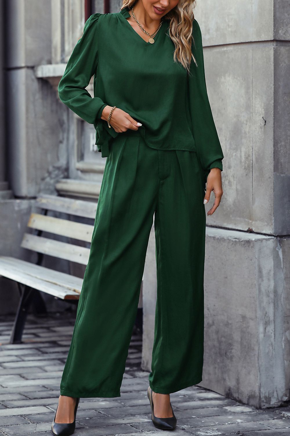 Honey V-Neck Long Sleeve Top and Wide Leg Pants Set