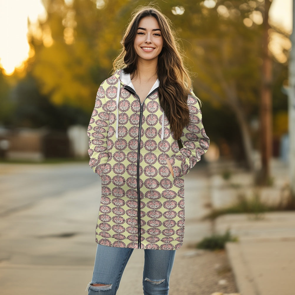 Women's mid-length hooded sweatshirt cardigan