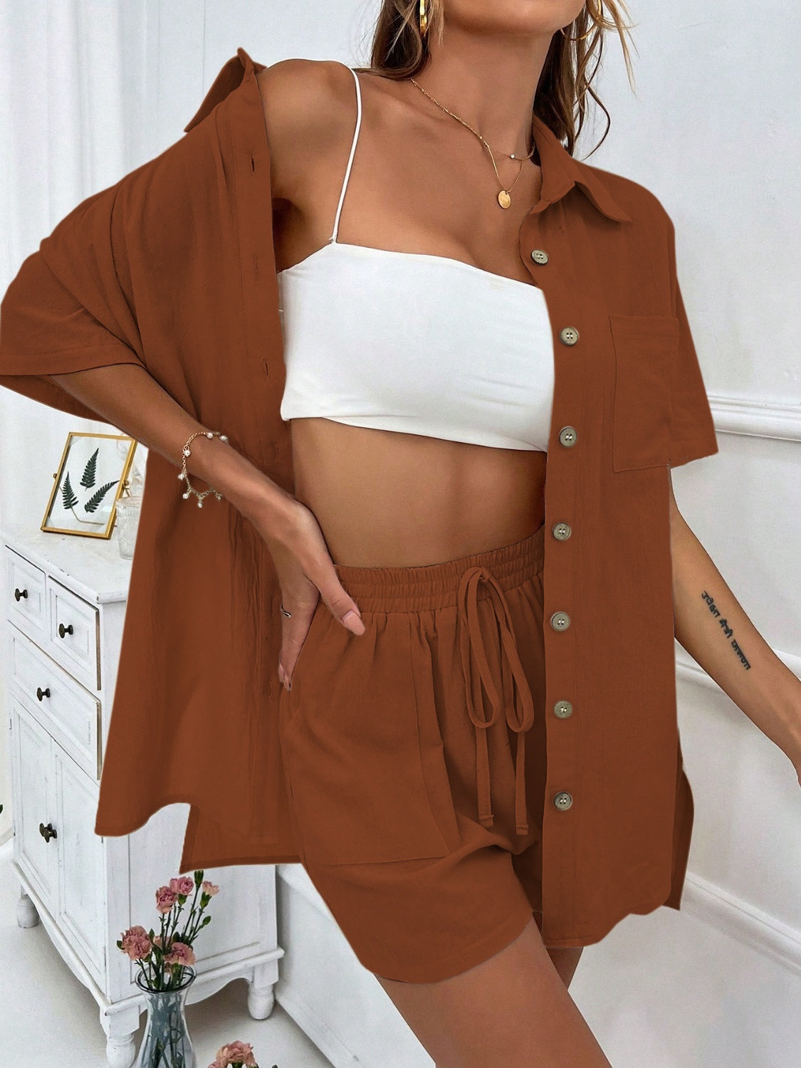 Honey Button Up Half Sleeve Top and Shorts Set