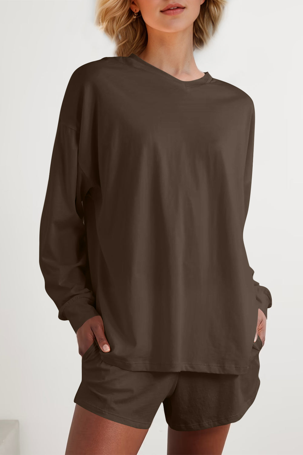 Basic Bae Long Sleeve Top and Pocketed Shorts Set