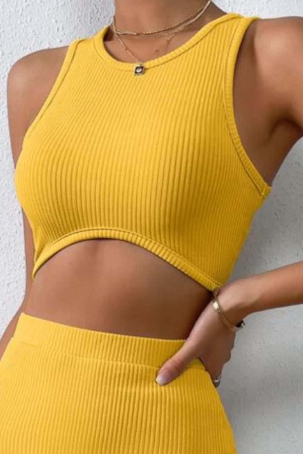 Ribbed Round Neck Tank and Slit Skirt Sweater Set