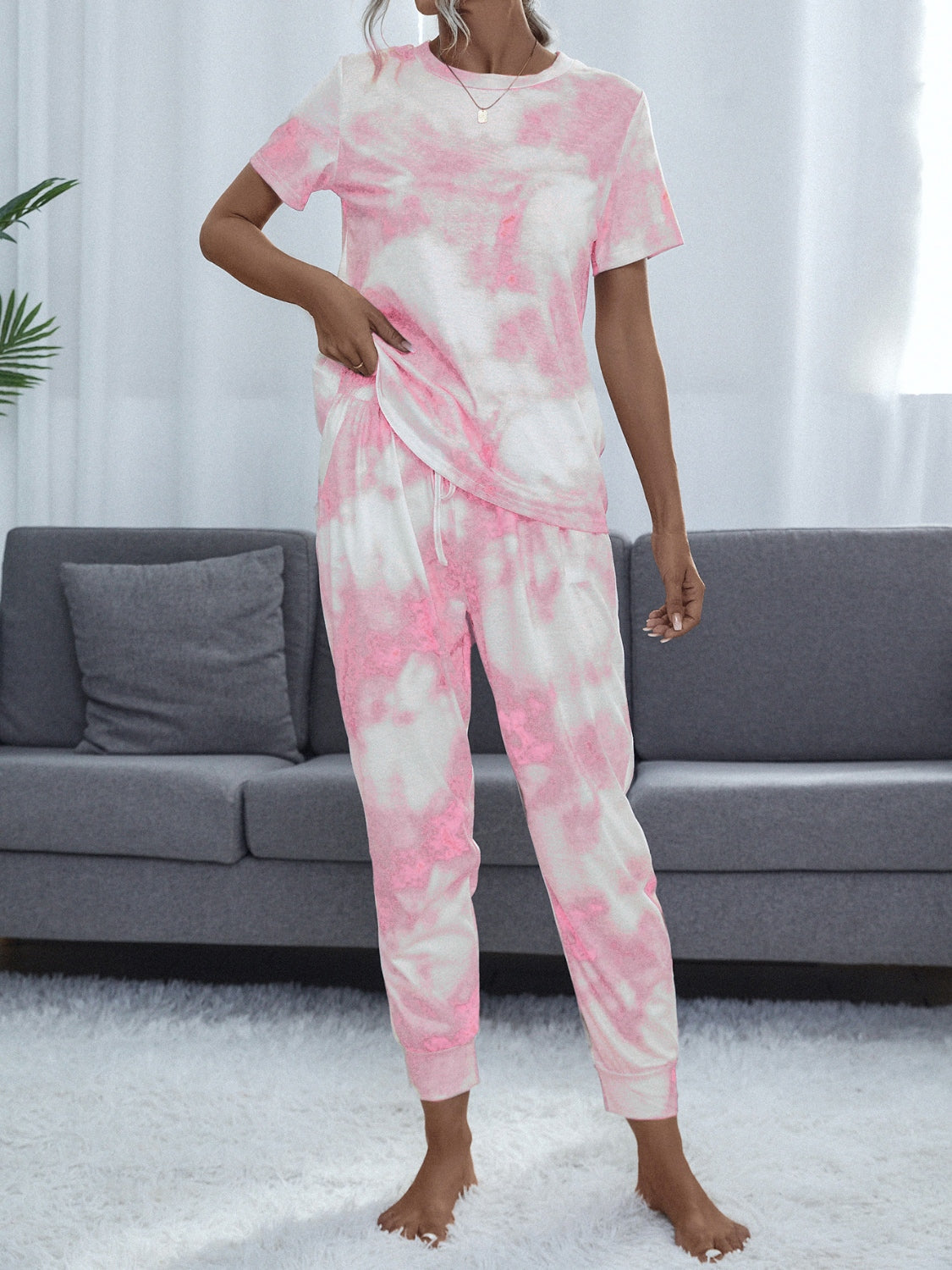 Shiny Tie-Dye Round Neck Short Sleeve Top and Pants