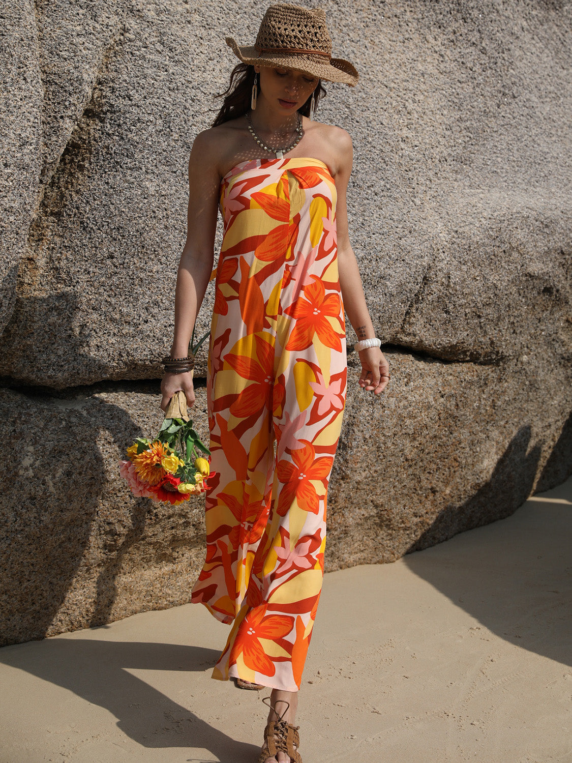 Tied Printed Tube Wide Leg Jumpsuit