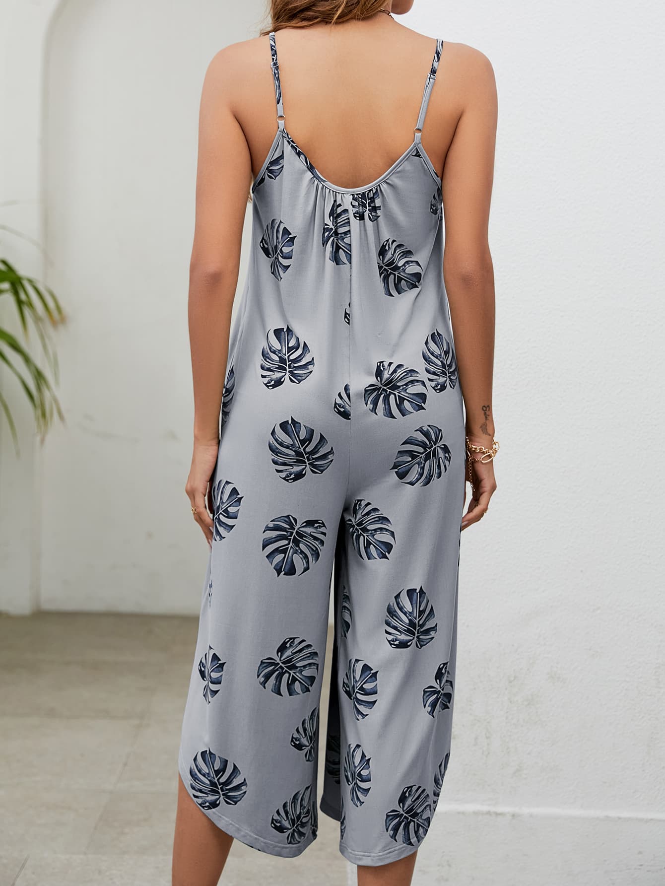 Botanical Print Spaghetti Strap Scoop Neck Jumpsuit