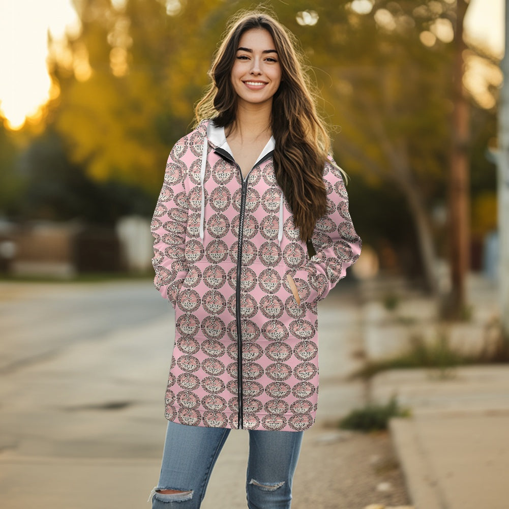 Women's mid-length hooded sweatshirt cardigan