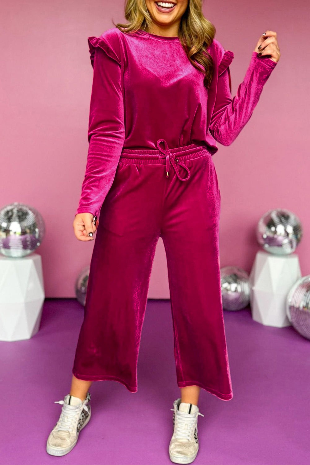 Frill Round Neck Long Sleeve Top and Pants Set