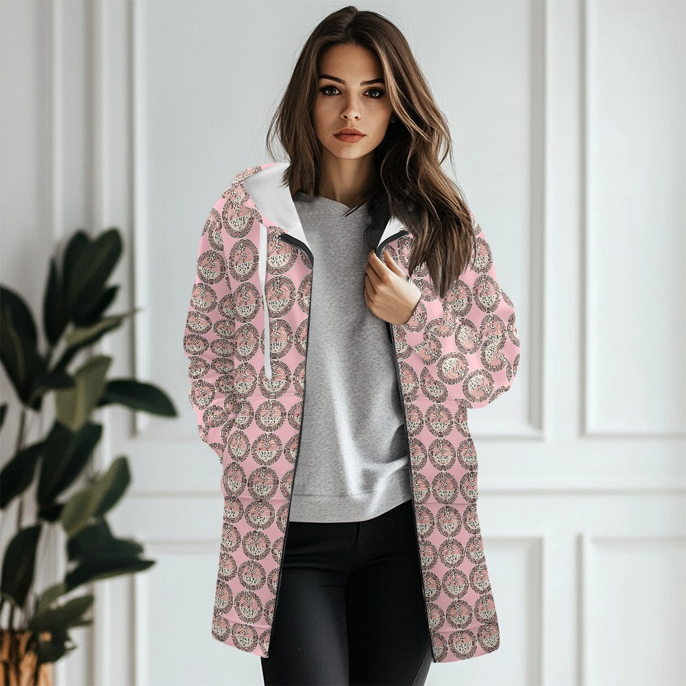 Women's mid-length hooded sweatshirt cardigan