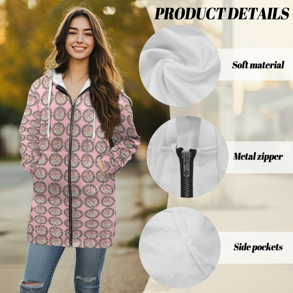 Women's mid-length hooded sweatshirt cardigan