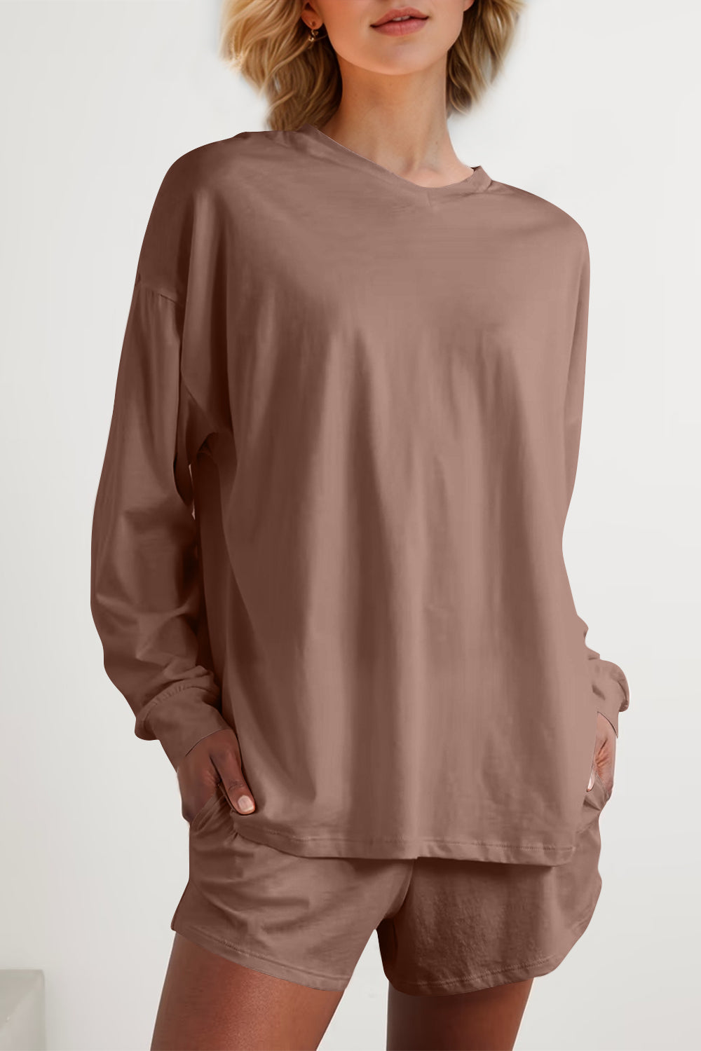 Basic Bae Long Sleeve Top and Pocketed Shorts Set