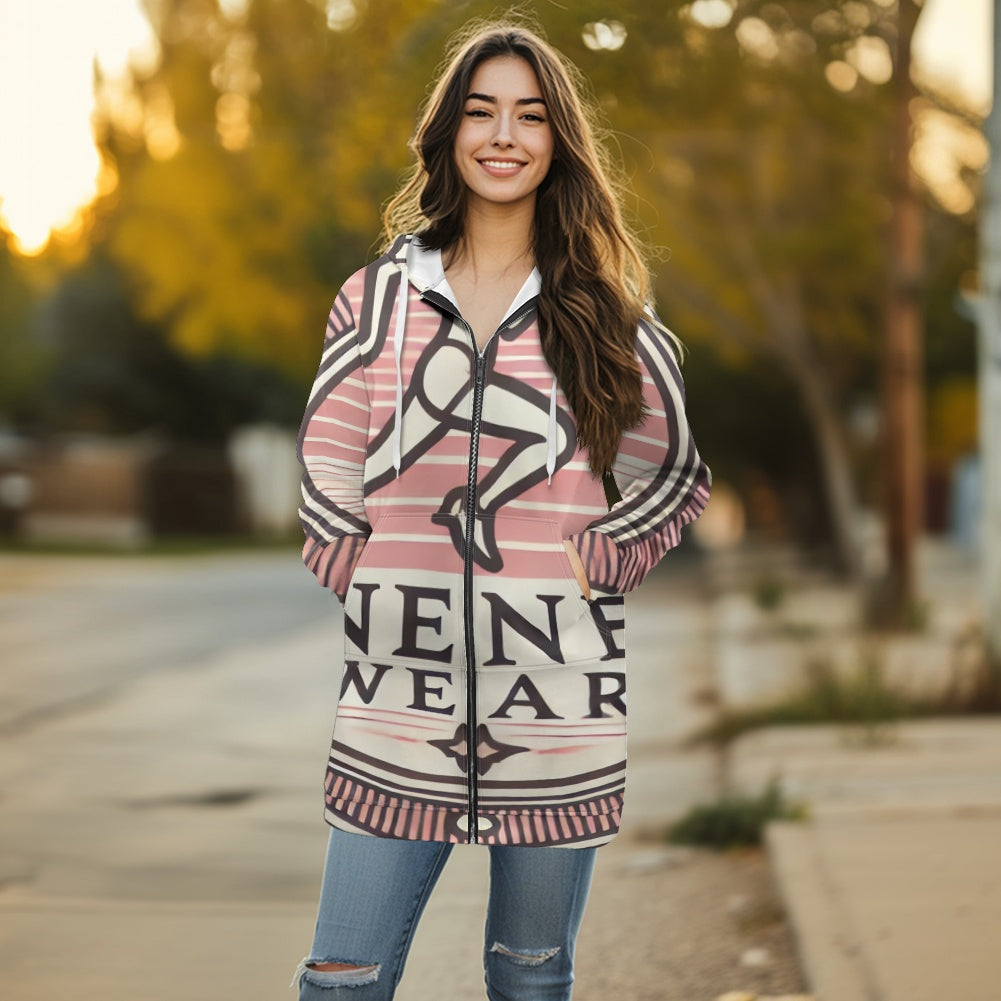 Women's mid-length hooded sweatshirt cardigan